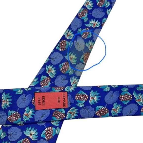 LEONARD Blue Fish Floral Leaf Silk LUXURY Tie ITALY - Picture 8 of 8